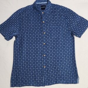 TOMMY BAHAMA SHIRT MENS L/G HAWAIIAN BUTTON BLUE CHECK SILK BLEND CAMP C…